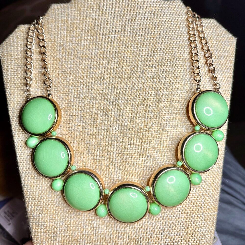 Vintage Mika Mint Green Statement Necklace Gold Tone Resin Cabochon Bubble Bib